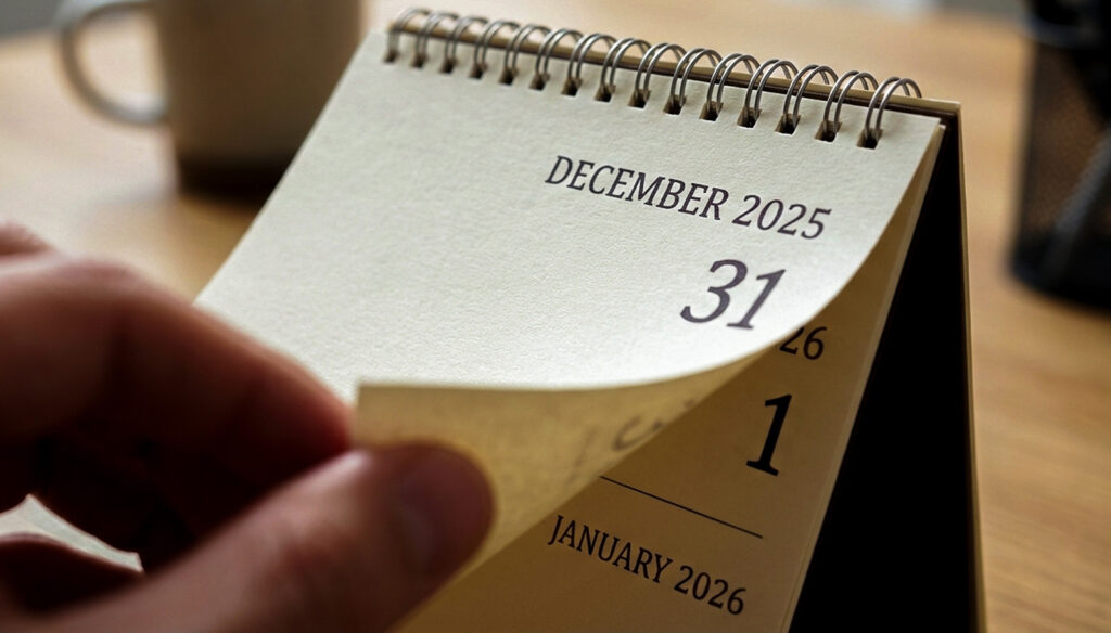 A small desk calendar with the date December 31, 2025 on the first page. Someone's hand is picking it up by the corner to flip the day over so that we see "1, 2026" on the next small note.