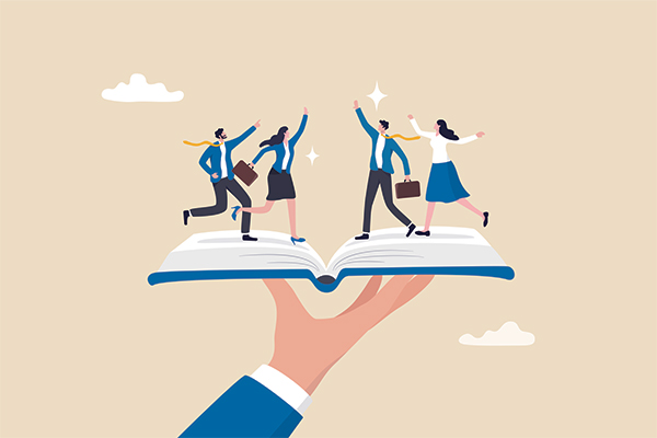 A cartoon image of happy employees guided by the rule book of a good employer.