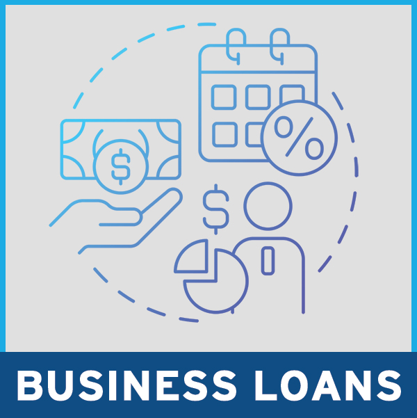 Business loans graphic showing percentage rate tables, money, and a person icon next to a pie chart.