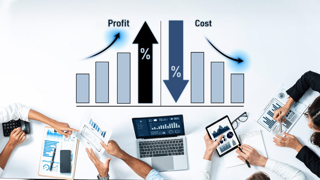 business professionals analyzing financial data with graphs and charts at the bottom with a graph on top with an arrow up for profit and an arrow down for costs.